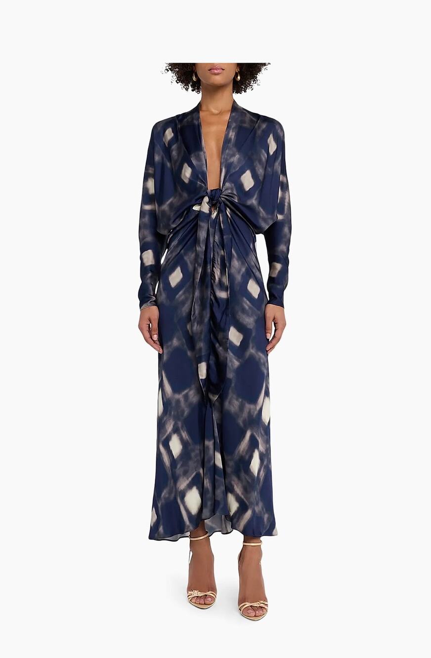 JBQ Celine Geometric Tie Front Midi Dress in Blue L